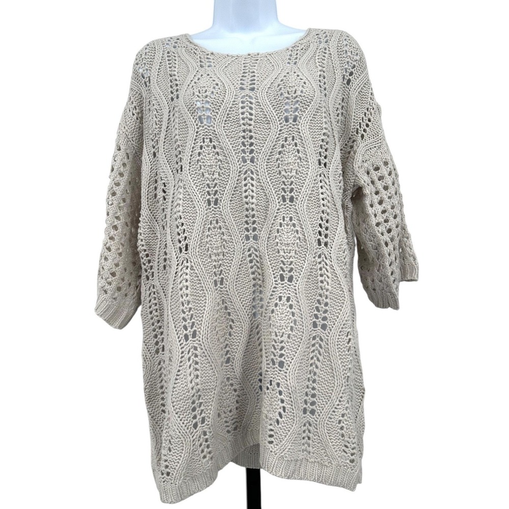 Open‎ Knit Tunic Sweater Elbow Length Sleeves Oatmeal Beige Women's 1XL